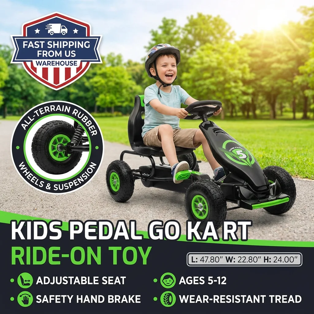 

Pedal Go Kart for Boys Girls 5-12 Years, High Capacity 110lbs Ride on Toy Car with Shock Absorbing Rubber Wheels for Backyard