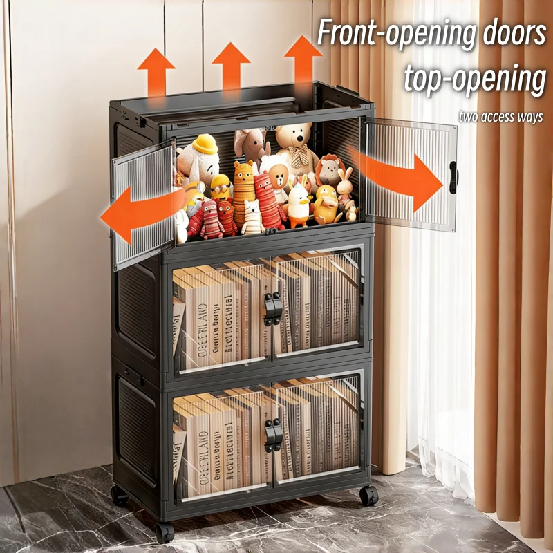 3/4/5/6-Tier Foldable Storage Cabinet with Clear Double Doors, Foldable and Stackable Plastic Storage Boxes with Wheels, Large-Capacity Rolling Organizer, Perfect for Pantry, Bedroom, Bathroom, or Coffee Bar, Black