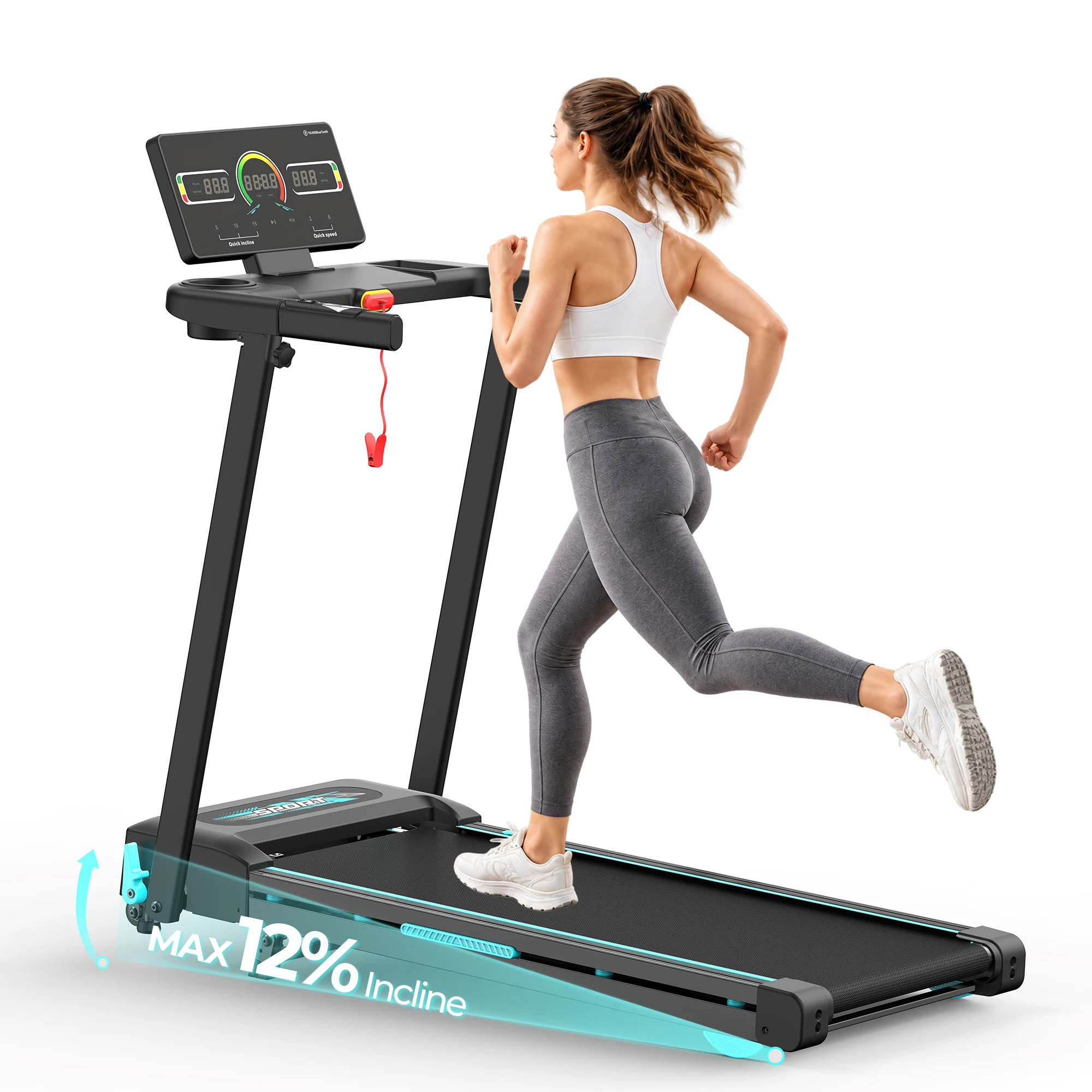 Tapis de course pliable Y-RAIN, moteur de 3,0 CV, vitesse de 1 à 12 km/h, pente de 12 %, appareil pour la marche et la course avec écran LED, application et Bluetooth pour la salle de sport à domicile.