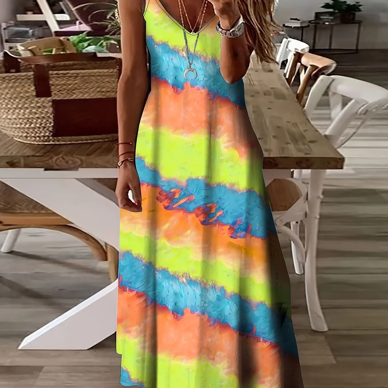 Women's Summer Simple Geometric Print Suspender Dress Casual Fashion Beach Seaside Resort Style Loose And Comfortable Long Dress