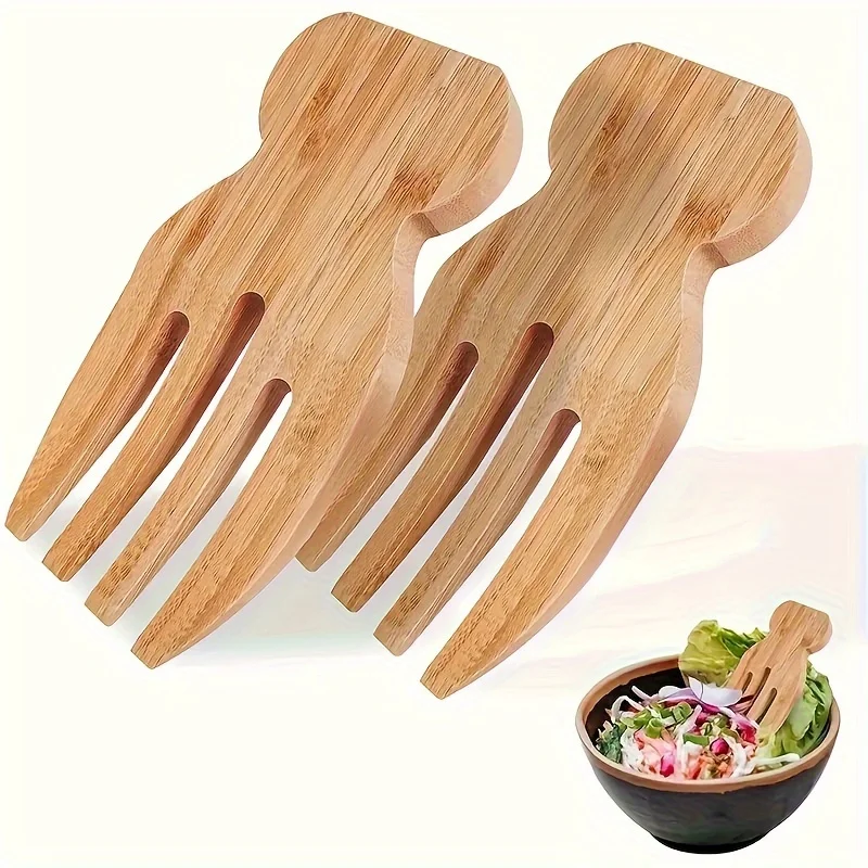 2pcs Bamboo Salad Mixer Fork, Creative Bamboo Salad Hands, Washable Wooden Salad Hands, Reusable Bamboo Salad Serving