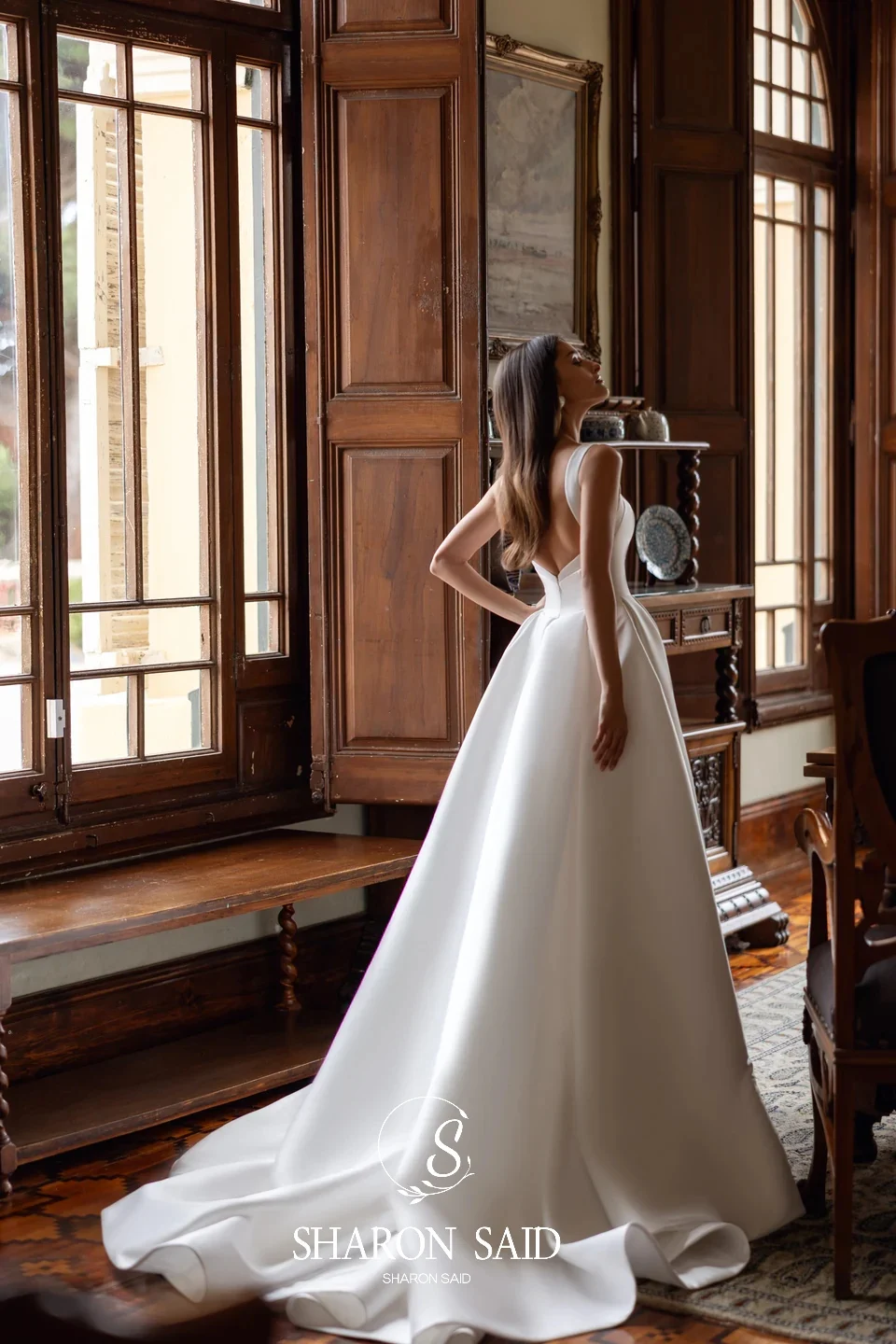 Sharon Said 2026 Simple Square Collar Satin White Wedding Dress Elegant A-Line Sleeveless Corset Bride Gowns SW407 Customized