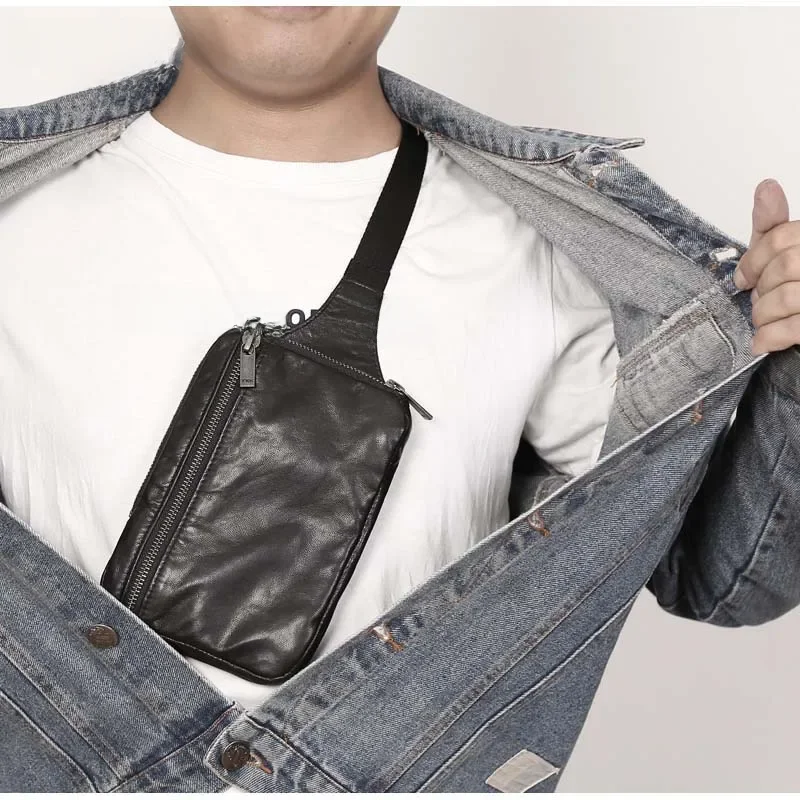 Nowy styl casualowa torba noszona na klatce piersiowej mężczyzn pierwsza warstwa miłośników skóra owcza mała podróżna torba na telefon ręcznie robiona Mini torba Messenger Crossbody — zdjęcie 2
