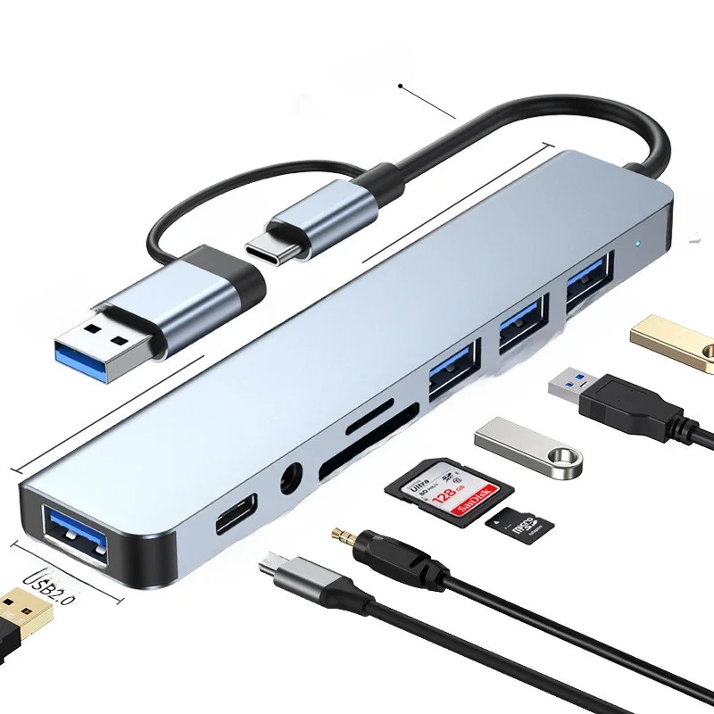 Stacja dokująca 8 w 2 USB + Type C z adapterem audio 3.5mm, czytnikiem kart Micro SD, konwerterem dysków do laptopa, tabletu, telefonu. — zdjęcie 2