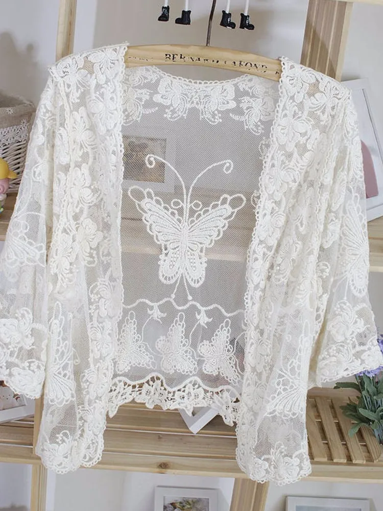 Thin summer short cardigan fashion ladies knitted sweater sun-proof cover up cute flower butterfly embroidered lace cardigan