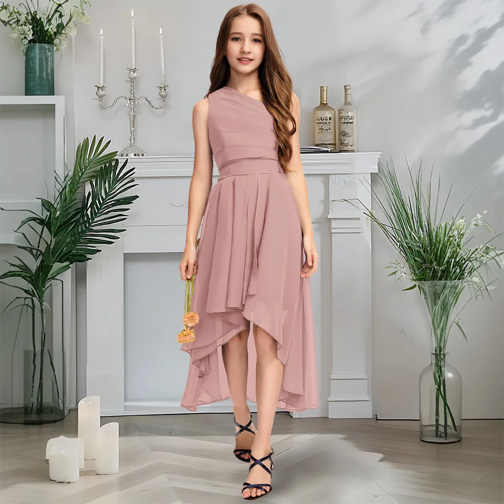 

Luxurious One Shoulder Junior Bridesmaid Dress Antique Lavender Flower Girl Dress Asymmetrical Chiffon With Cascading Bow