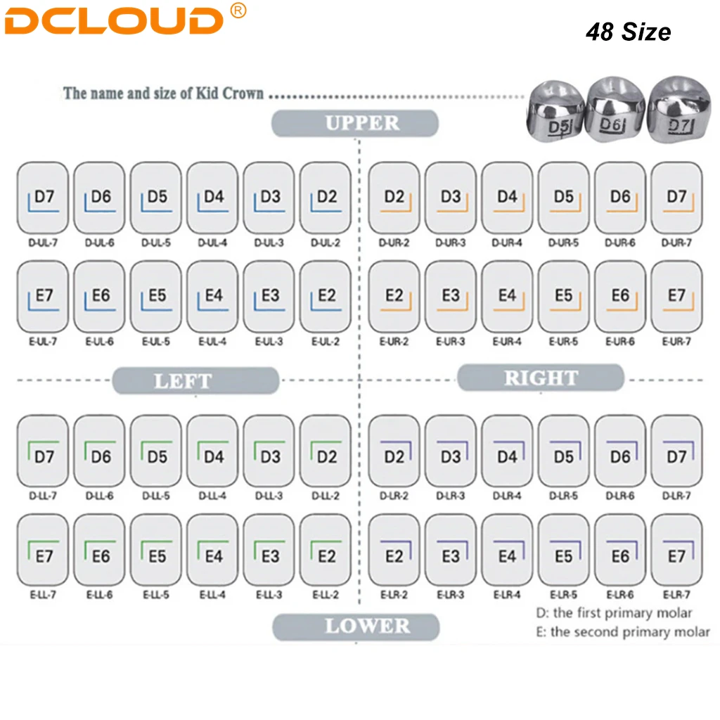 5 sztuk / pudełko Dental Crown Kids Primary Molar Refill 1st / 2nd Pediatric Tymczasowe korony ze stali nierdzewnej U / L Lewy / Prawy dentysta Orto