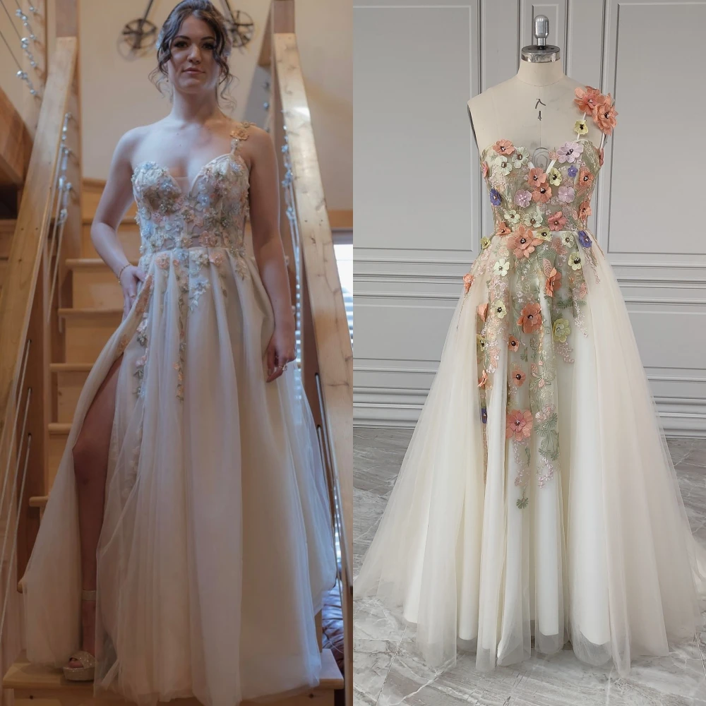 15236 #   Vestido de noche personalizado de un hombro con bordado 3D de flores y abertura larga de tul, vestido de fiesta de boda y graduación para mujer