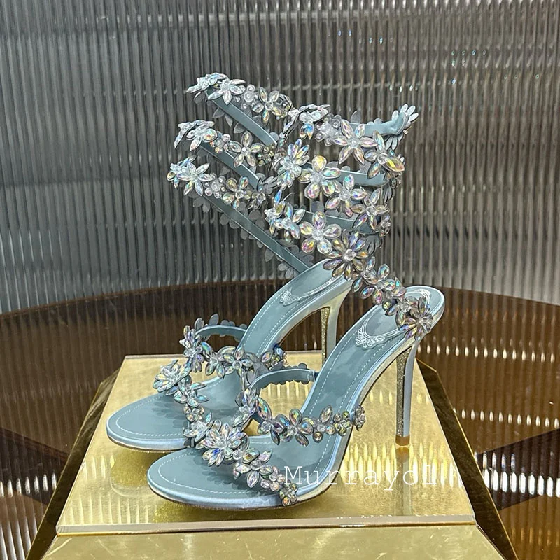 Sandals Women Real Leather Narrow Band Summer Flower Rhinestone Ankle Strap Thin High Heels Sandalias Wedding Party Dress Shoes view 4