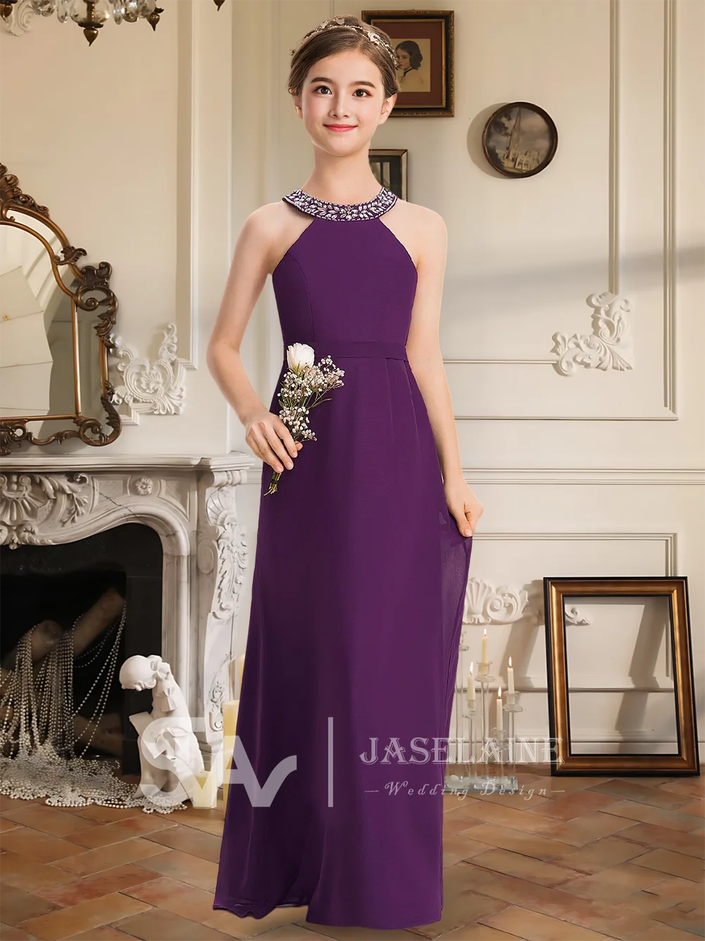 

Детское шифоновое платье А-силуэта с бретельками на шее для девочек, длинное, с бисером, бантом и цветами, для подружек невесты, нарядное, для свадьбы и особых случаев