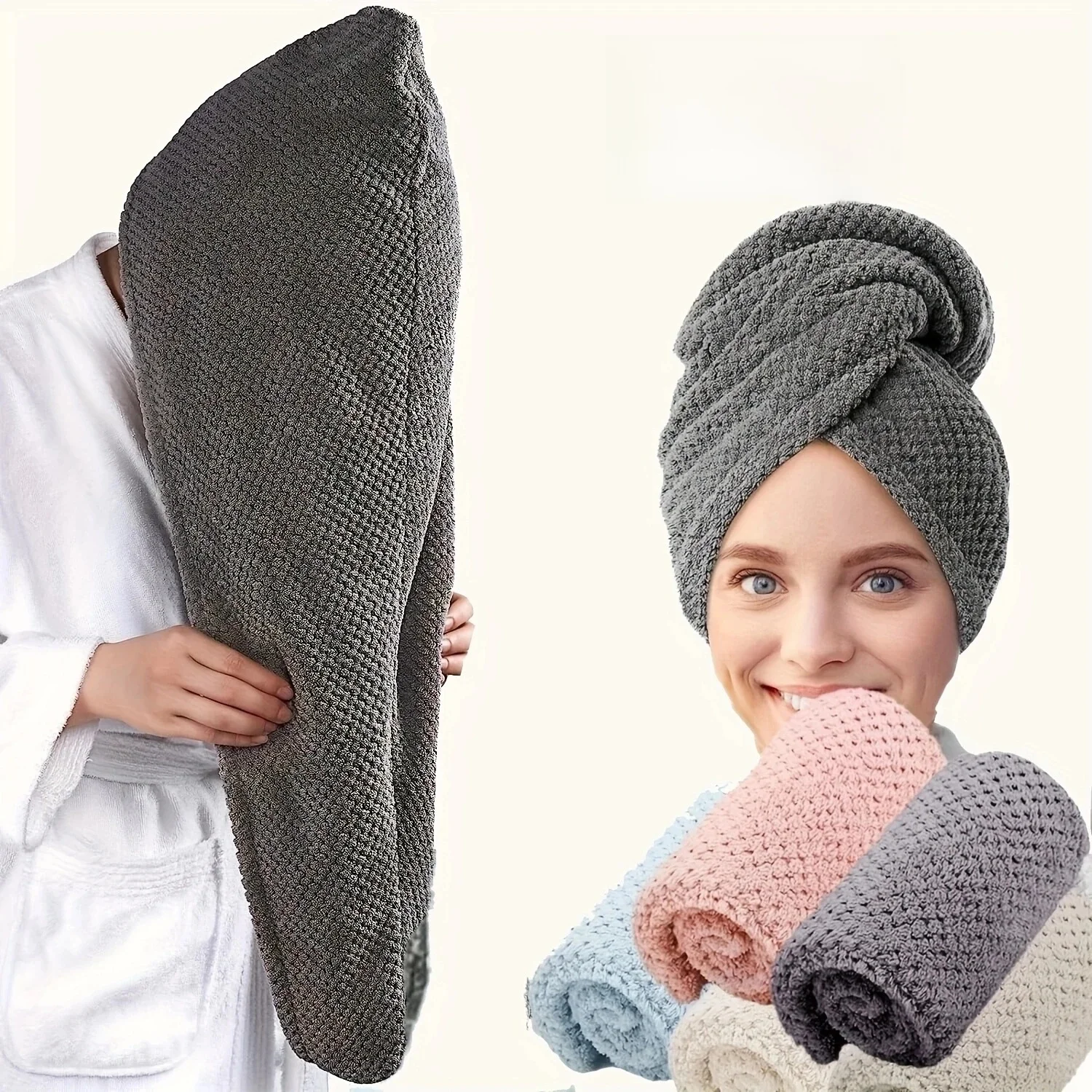 Effen kleur haarhanddoek Getextureerde droge haarkap 9,8 "X 25,5" absorberende haarhanddoekwikkel voor dames met button-down - afbeelding 2