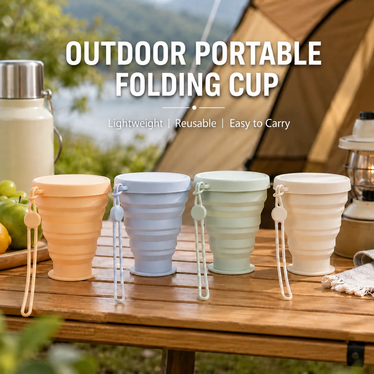1pc Collapsible Silicone Cup with Lid Portable Folding Travel Drinking Cup Reusable Lightweight Cup for Camping Hiking