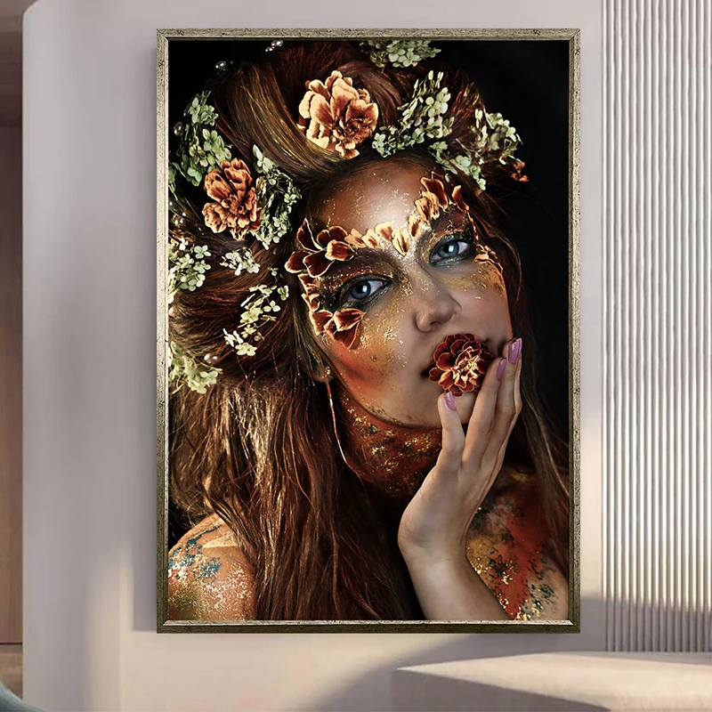 

Woman With Flower Makeup Canvas Wall Art Pictures Flower Head Woman Posters and Prints Wall Painting for Living Room Home Decor