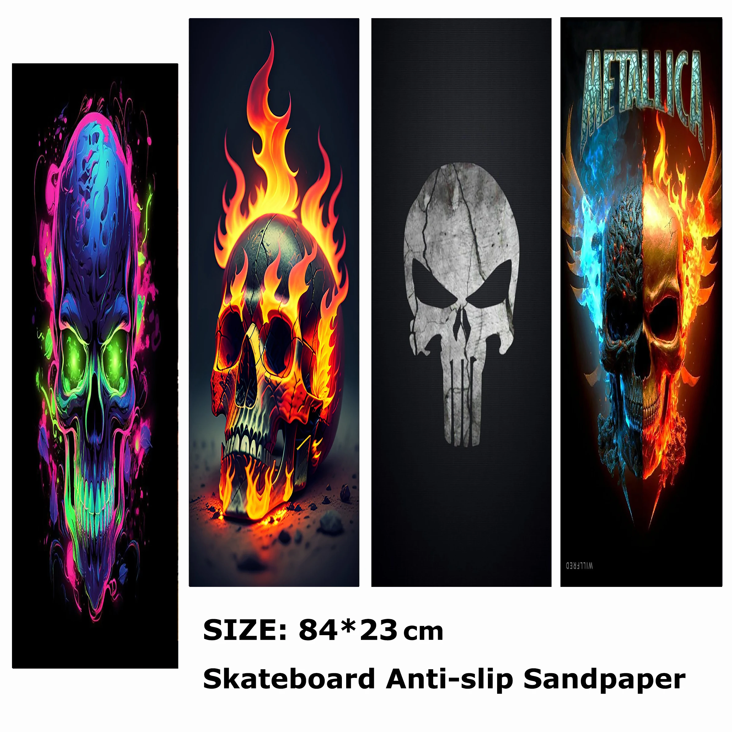 Flame Crazy Skull Pattern Electric Scooter Anti-slip Sticker Sandpaper Skateboard Grip Tape Sheet 84*23cm