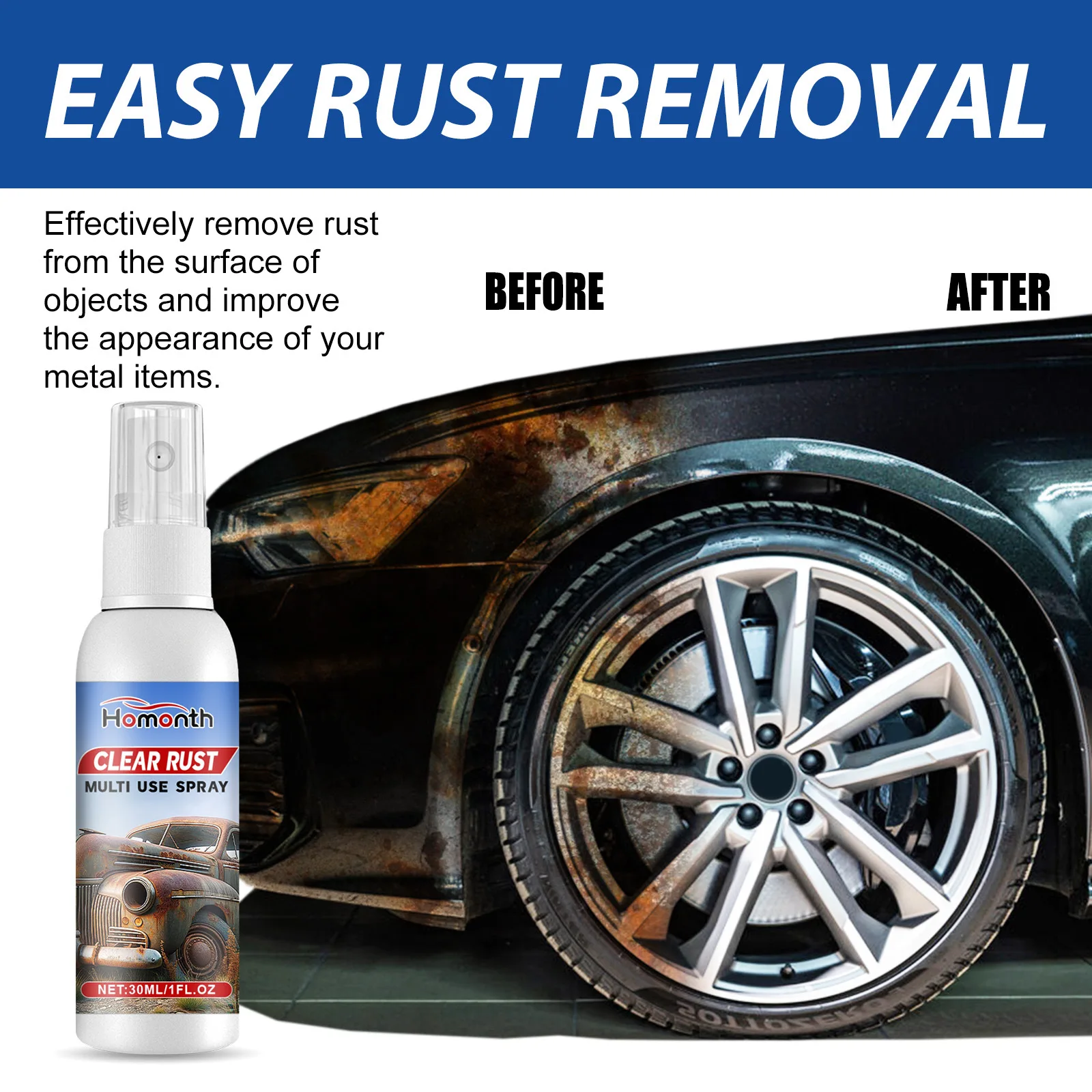 Homonth 30ml Car Care Derusting Spray Rust Remover Car Maintenance Cleaning Metal Anti-Rust Paint Reformer Rust Prevention Spray