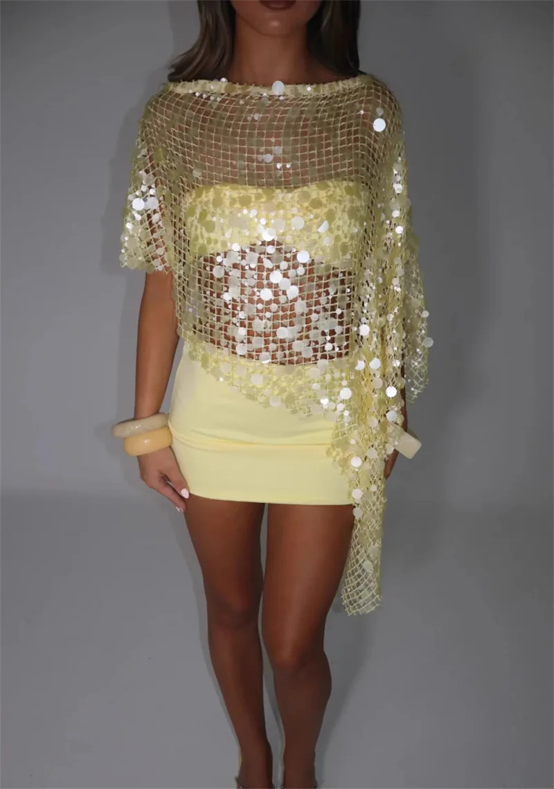Women's Sexy Off Shoulder See-through Sequin Blouse Top Swimwear Crochet Bikini Cover Up Beach Summer Swimsuit Sunscreen Wrap