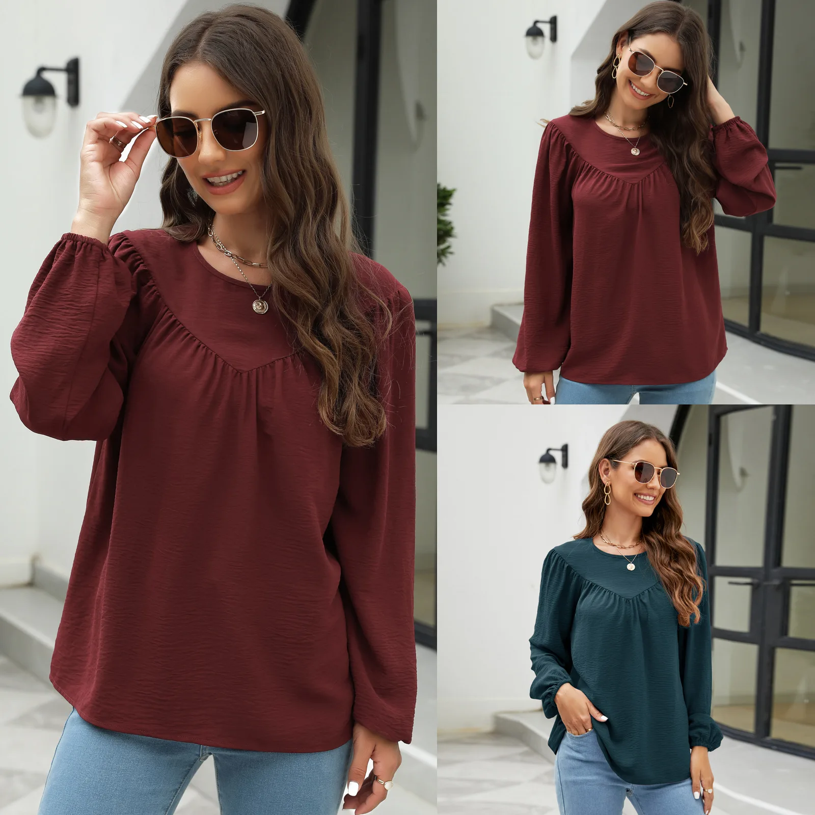 Pleated Ladies Long Sleeve Blouse Shirt Top Spring Autumn Loose Casual Female Women Chiffon O-Neck Blouse T-Shirt Pullover Top