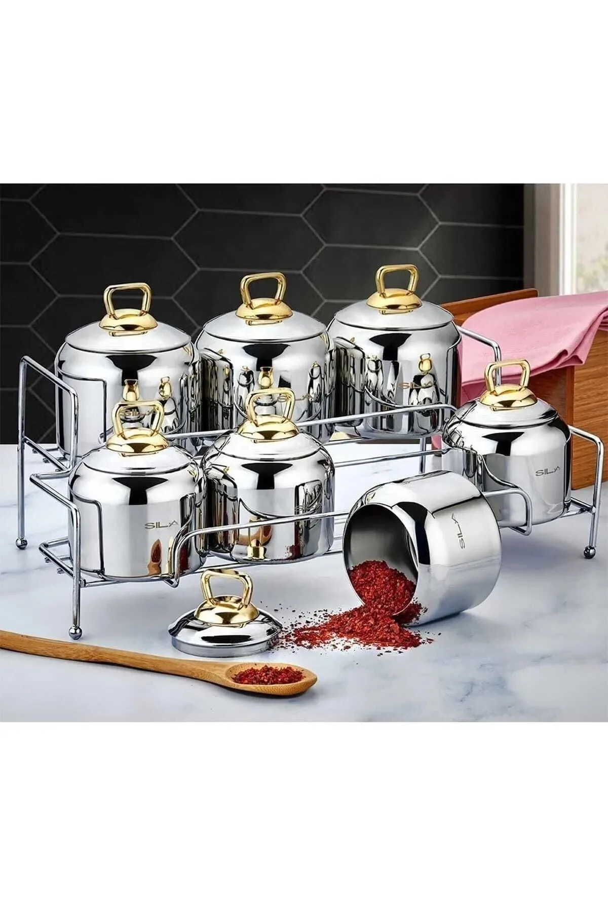 

Gold 15 Pieces Steel Spice Set Glass Cover [with Gold Stand]. The Product is Perfect. You Can Review and Will Be Absolutely Sell