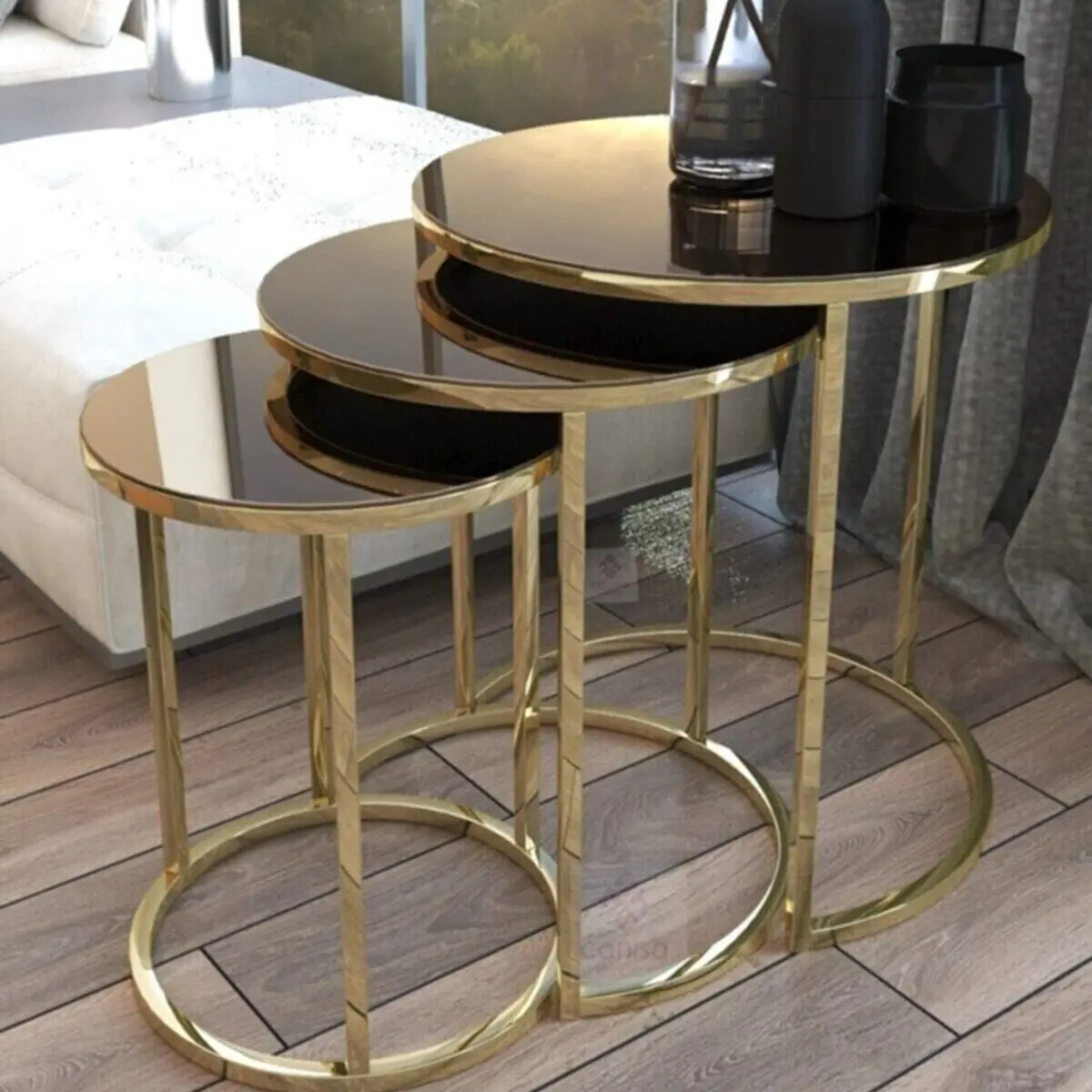 Gold Metal 3 Pcs Nesting Table Bronze Mirror Coffee Table for Living Room Home Office Furniture Accessory and Luxury Decoration