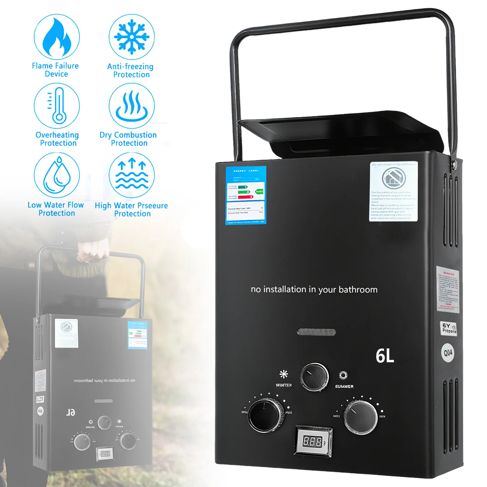 6L LPG Propane Gas Tankless Water Heater Outdoor Camping Instant Heating Bath With Shower Head Hot Water Heater Car Truck Tent