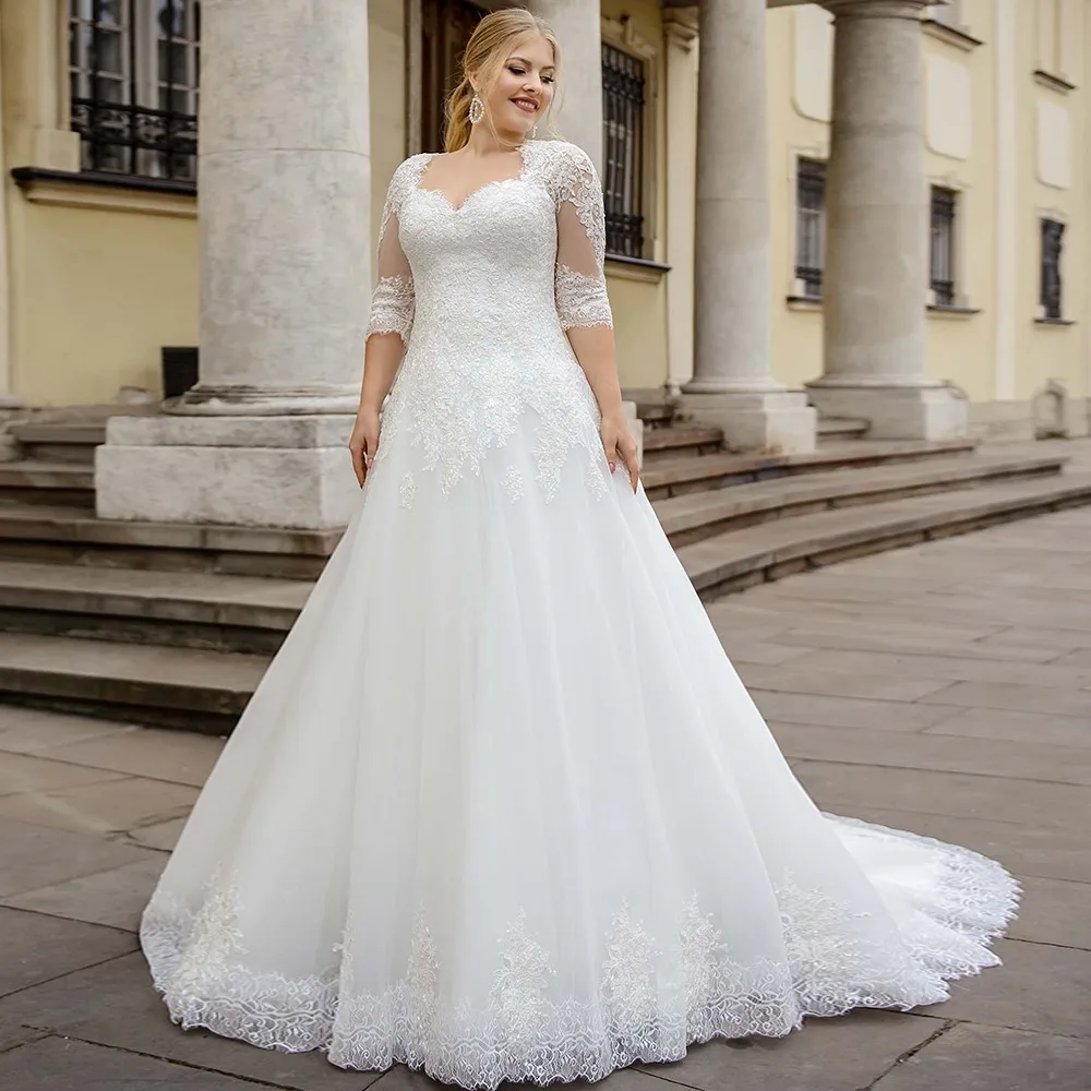 

Bohemian A-line Wedding Dress Plus Size Sweetheart Half Sleeves Lace Tulle Bridal Gown Applique Vestido De Novia