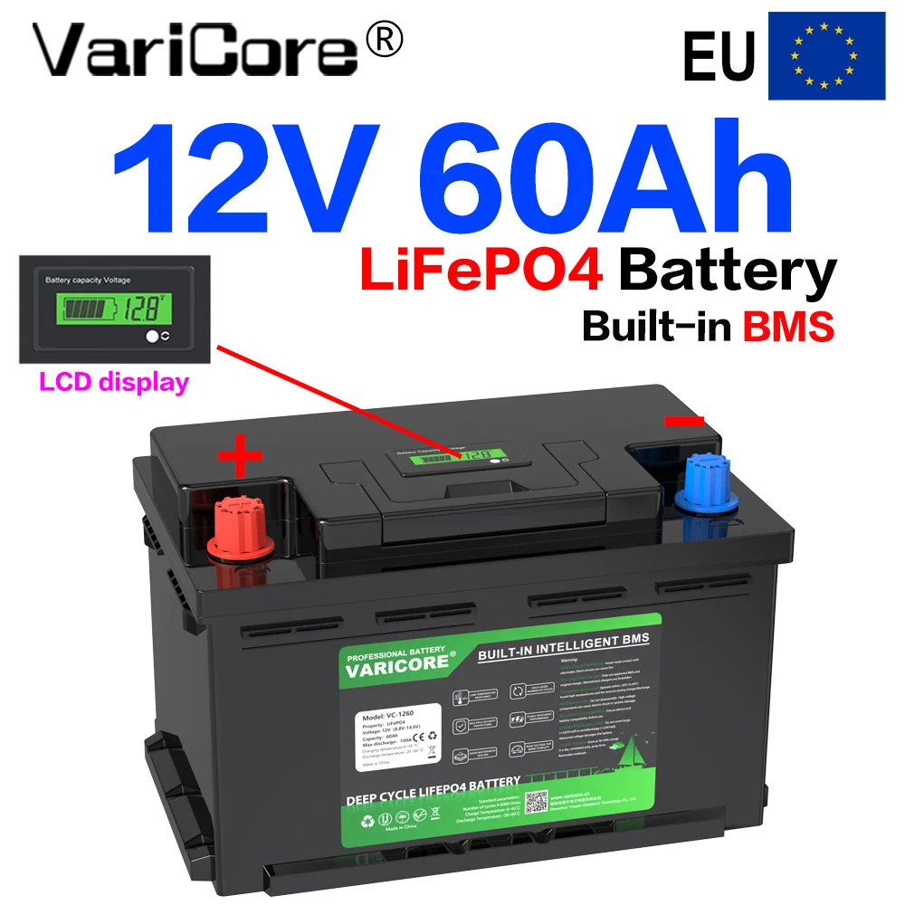 Batteria VariCore VC-1260 12V 60Ah LiFePO4, scarica massima 100A, display LCD, oltre 6000 cicli, per camper, impianti solari, barche e sistemi UPS.