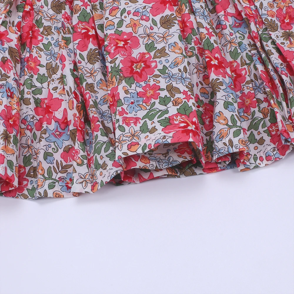 2024 Hand Smock Exquisite Summer Cotton Red Flower Short Sleeved White Doll Lape Neck Dress Girl Skirt Bow Binding Clothes