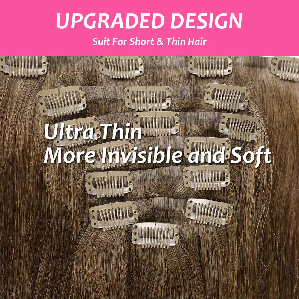 Extensions de cheveux à clipser sans couture pour femmes, cheveux humains vierges, trame PU invisible ultra fine, extensions de cheveux naturels, 7 pièces