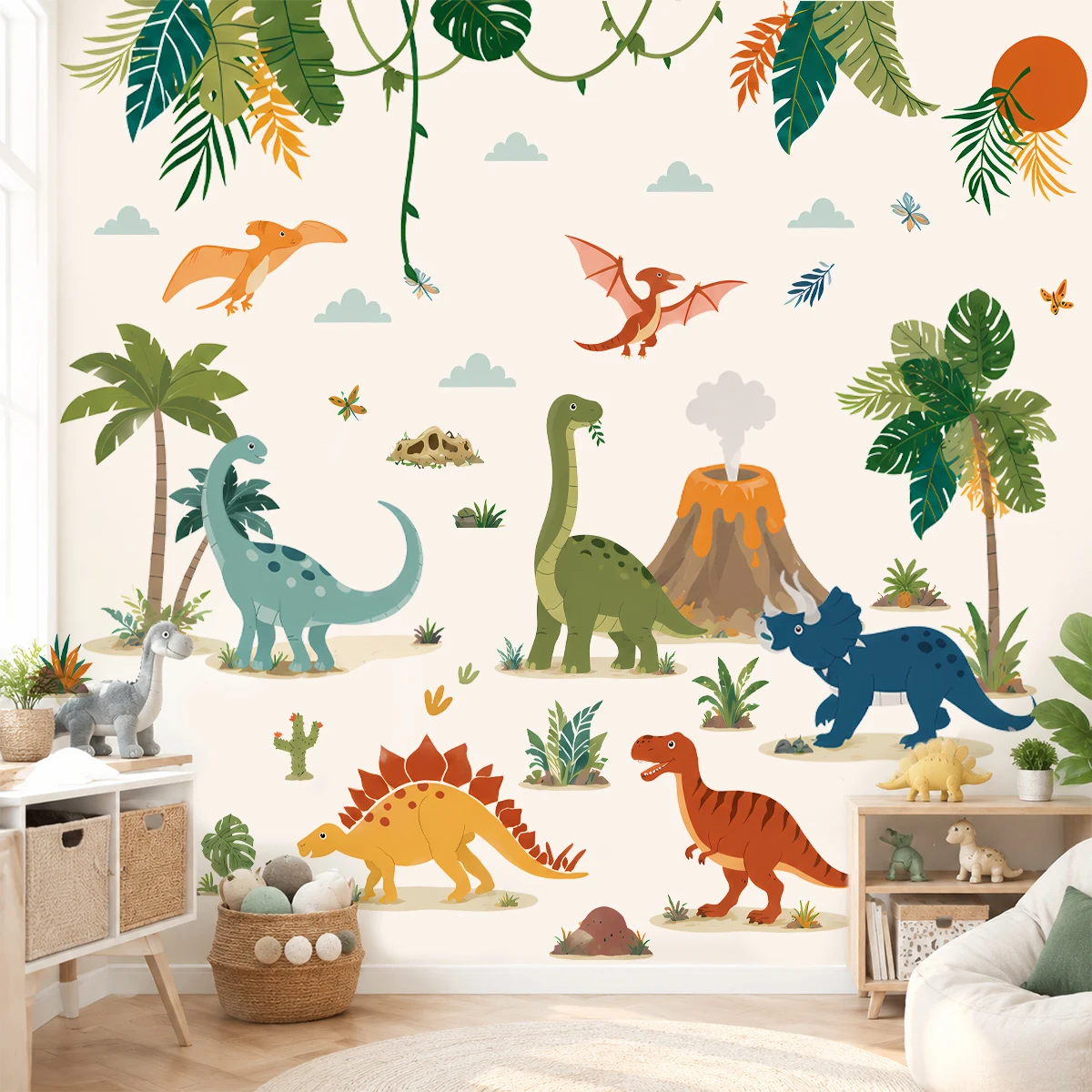 Cartoon Dinosaur Wall Stickers Volcano T-Rex Triceratops Decal Removable PVC Nursery Mural Wallpaper Playroom Home Decor