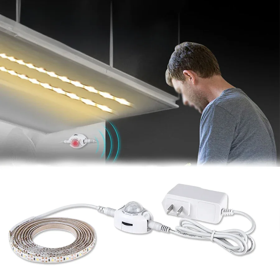 Bande lumineuse LED avec capteur de mouvement PIR, 1-5M, DC12V, étanche, sous-meuble, pour chambre à coucher, cuisine, placard, escaliers, veilleuse de chevet