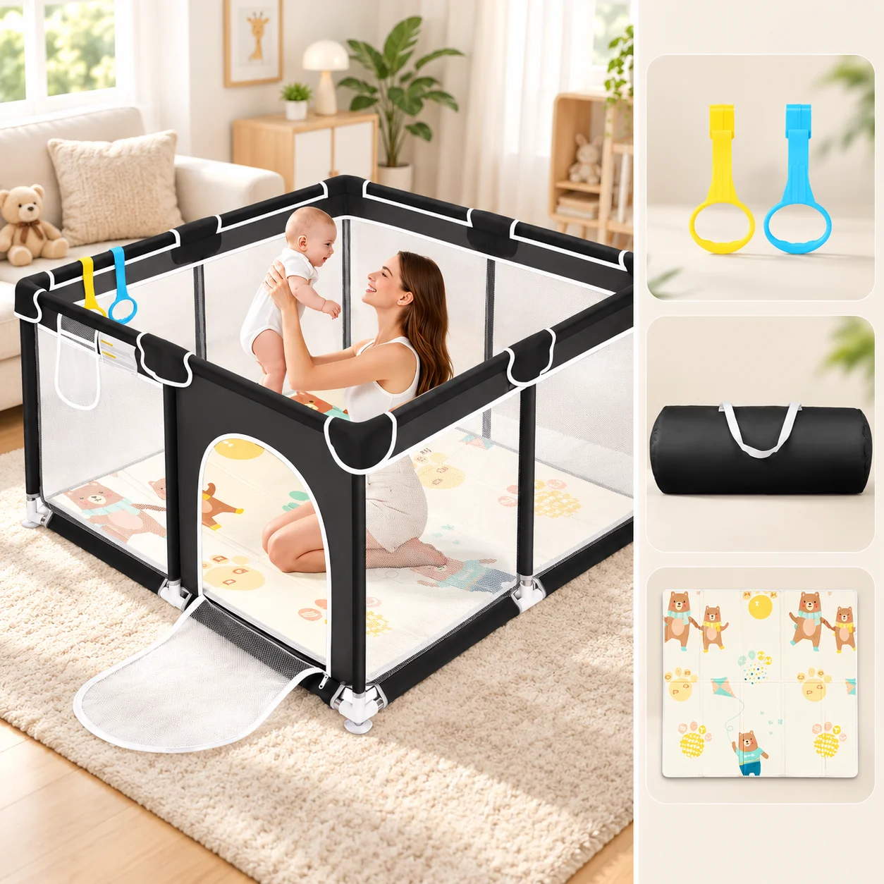 Kmaier Baby Playpen Soft Padded With Mat,Safe And Sturdy Design,Breathable Mesh,Portable For Indoor And Outdoor Use, Large Baby Play Yard with Anti-Slip Base, Indoor Toddler Activity Center for Babies Infants