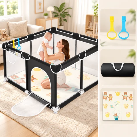 Kmaier Baby Playpen Soft Padded With Mat,Safe And Sturdy Design,Breathable Mesh,Portable For Indoor And Outdoor Use, Large Baby Play Yard with Anti-Slip Base, Indoor Toddler Activity Center for Babies Infants