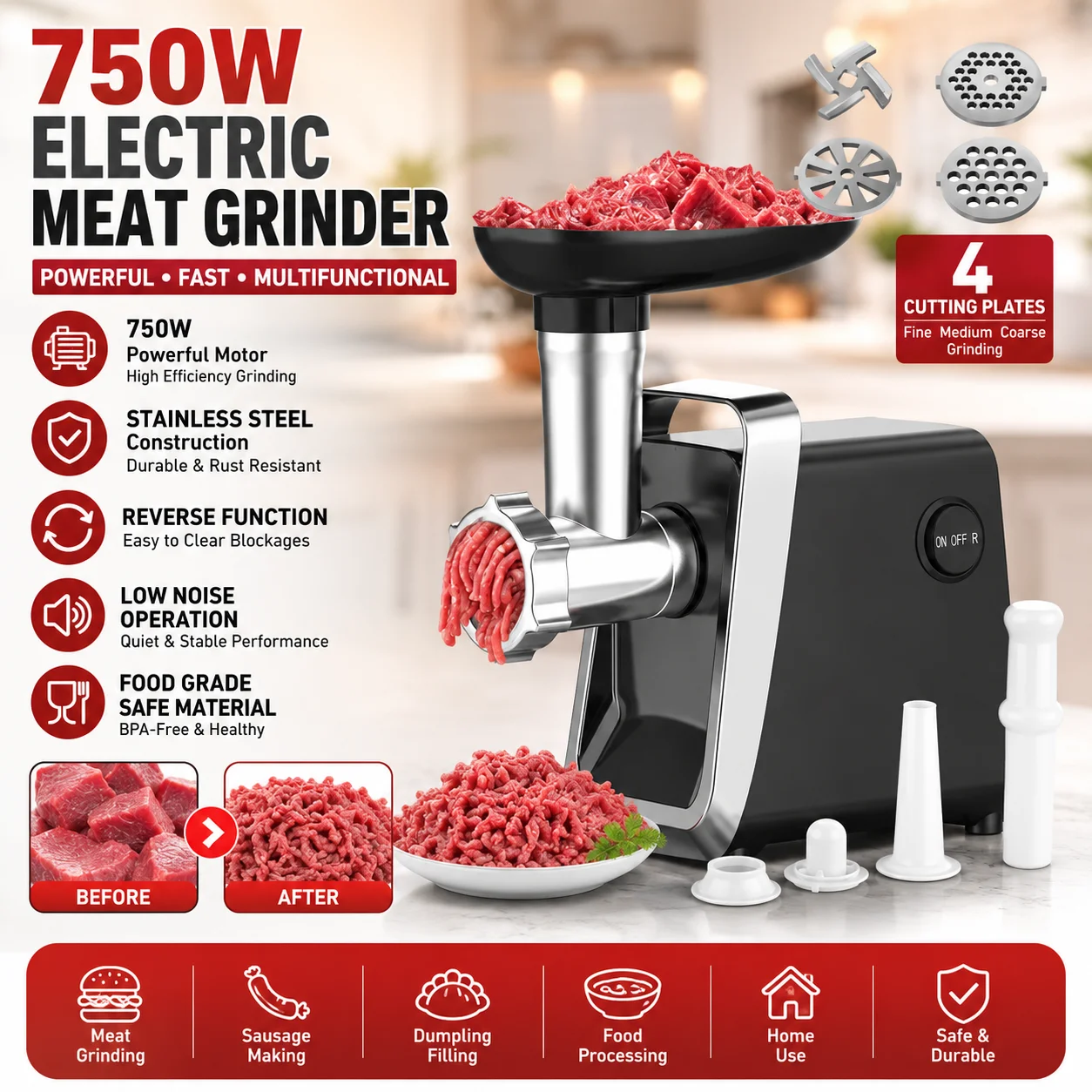 Hachoir à viande électrique 750W, robuste, en acier inoxydable, robot culinaire, machine à saucisses avec accessoire de remplissage pour la préparation de saucisses à la maison