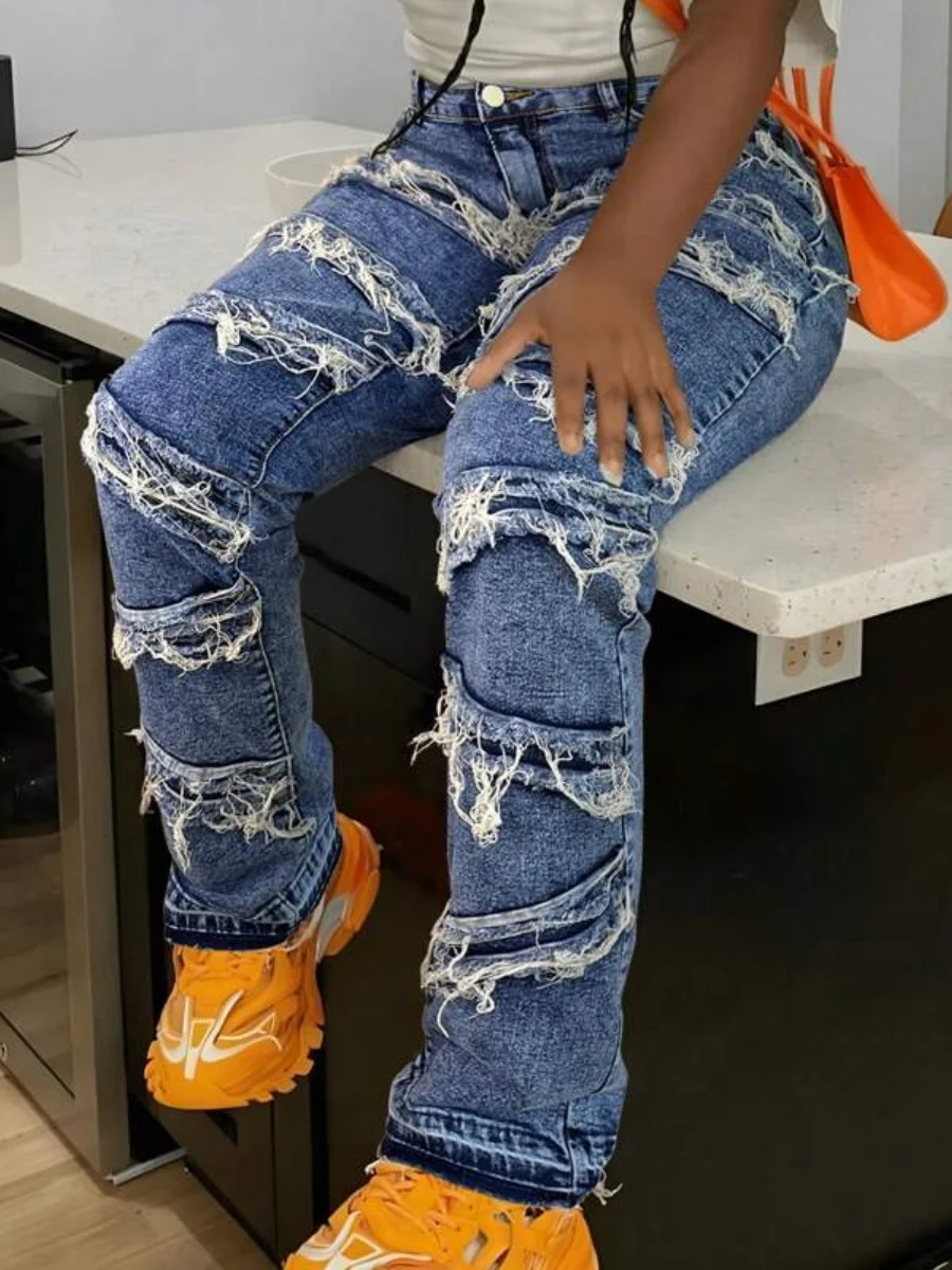 

【HME】Women'S All Seasons Fashion Casual Straight Leg Jeans Y2K Ripped Jeans High Waisted Distressed Tassels Denim Fringe Boyfrie