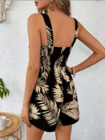 Women's Tropical Palm Leaf Print Sleeveless Romper – Smocked Square Neck High Waist Short Jumpsuit for Summer Beach & Holiday - Image 2