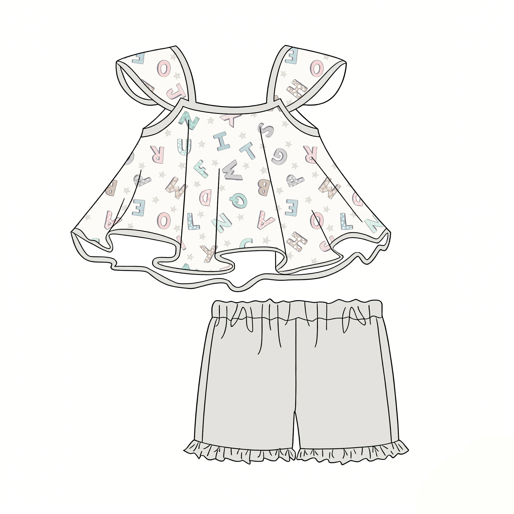 Boutique Children's Best-Seller Girls' Set Short-sleeve top Paired with Shorts Flower Letters print Custom Wholesale