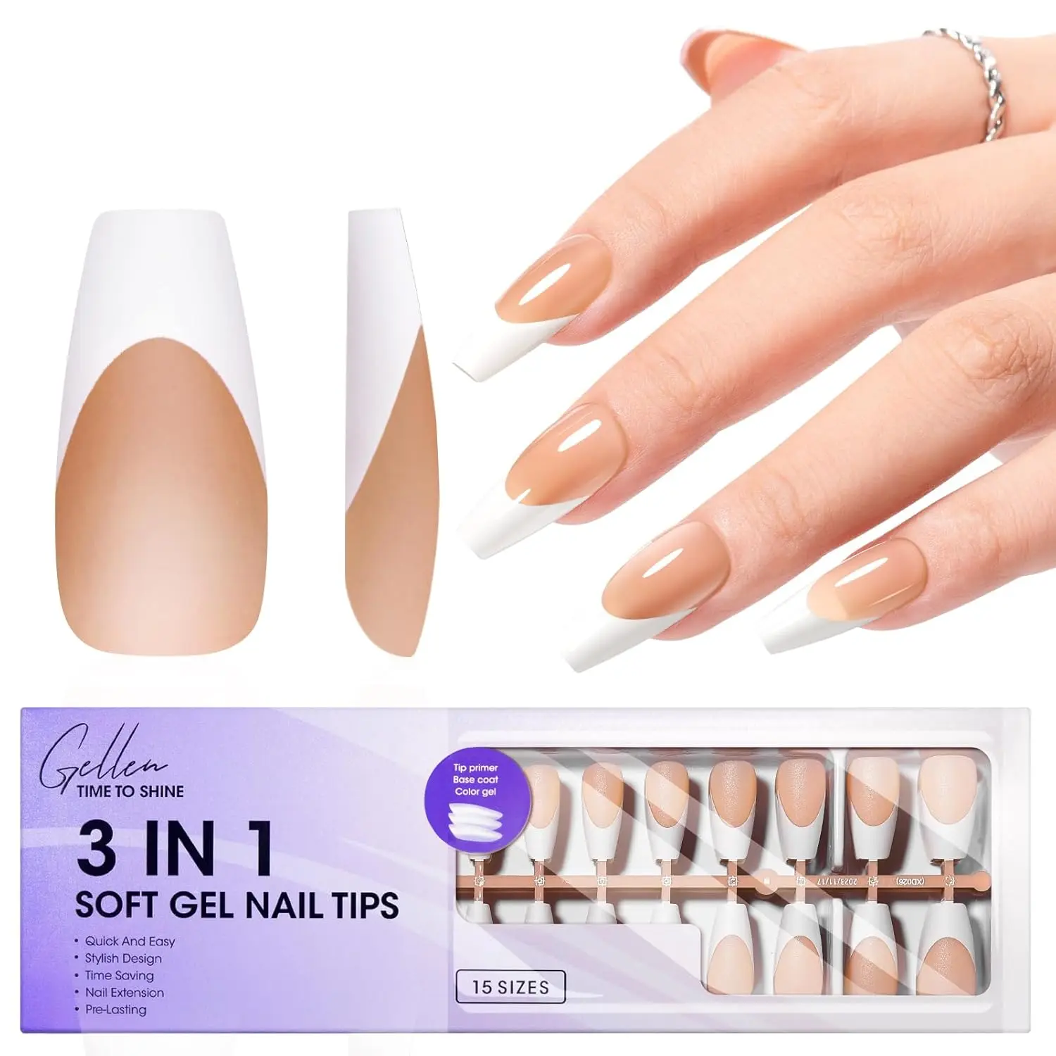 

Gellen Fake Nails French Tip Nails Kit Press Coffin on Nail-150 Pcs Brown Medium Gel Pre-applied Primer & Base Coat 3 in 1 DIY