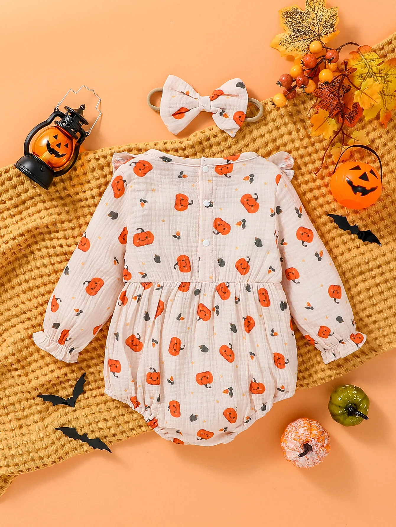 Hallowmas Newborn Baby Girl Fall Clothes Ruffle Long Sleeve Bubble Romper Bow Headband Cute