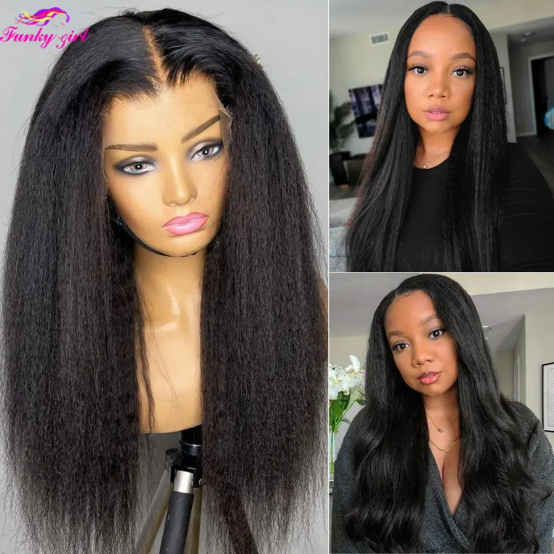 Kinky Straight T Part Lace Wig Brazilian Hair Transparent Lace T Part Human Hair Wigs For Black Women 10-30 Inch 180% Density