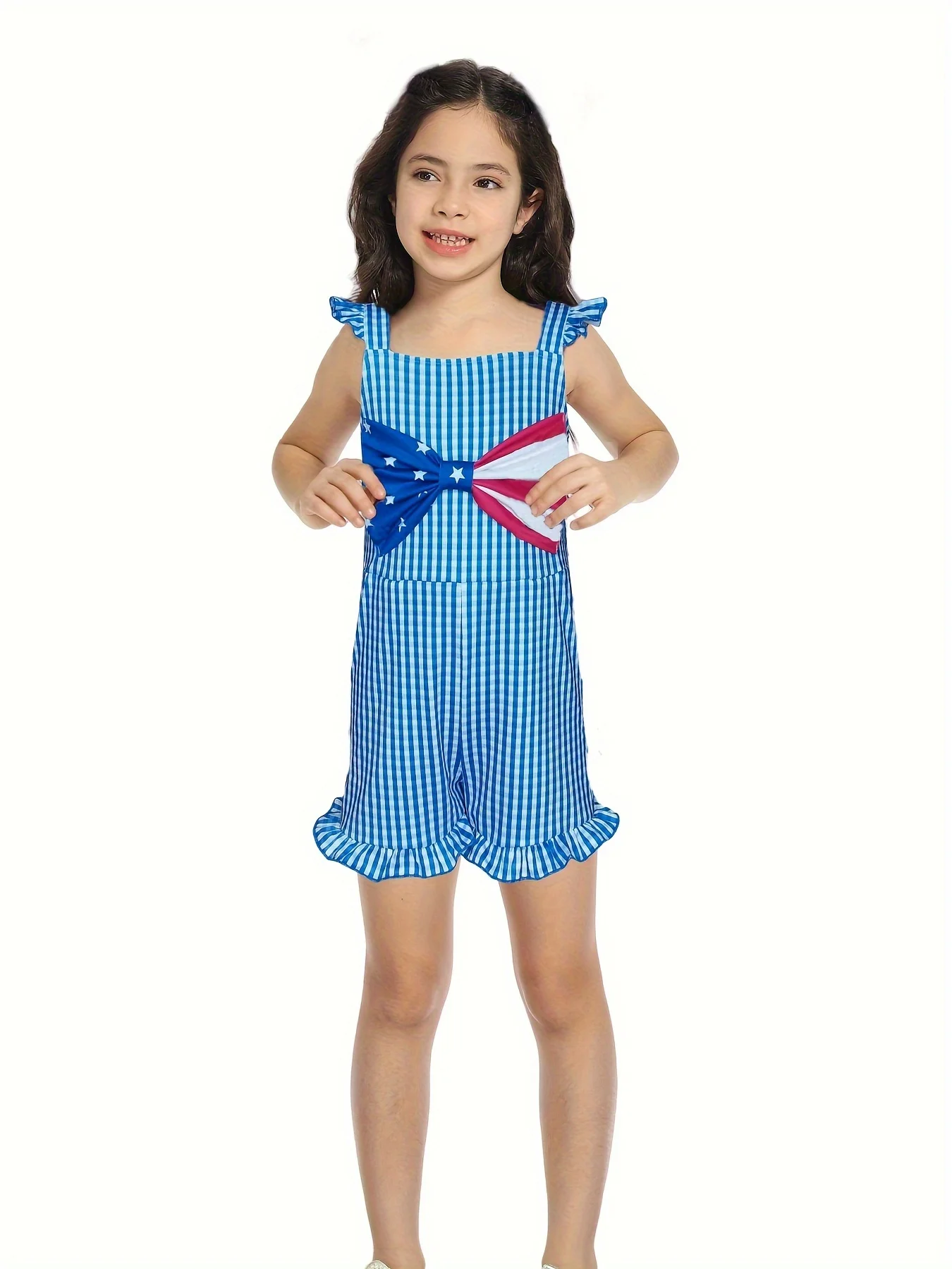 4th of July Flag Girl Jumpsuit 2-14Y Softest Girl Blue Gingham Bow Jumper With Pocket Cute Ruffles Kids Romper