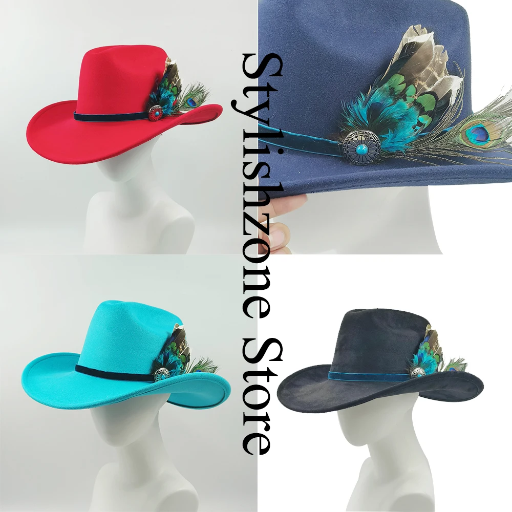 Classic jazz hat western cowboy hat men's and women's hats cowboy hat peacock feather accessories Panama knight hat