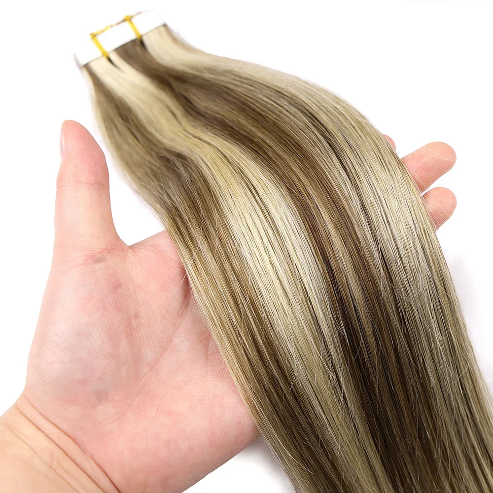 Tape In Hair Extensions Real Hair Tape In Human Hair Extensions for Women Add Hair Seamless Weft 27# Highlight 20Pcs/pac 24 Inch