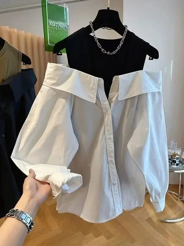 Chemisier à épaules dénudées pour femme, débardeur Slim et ample, chemises à manches longues épissées, col rond, à la mode, nouvelle collection automne