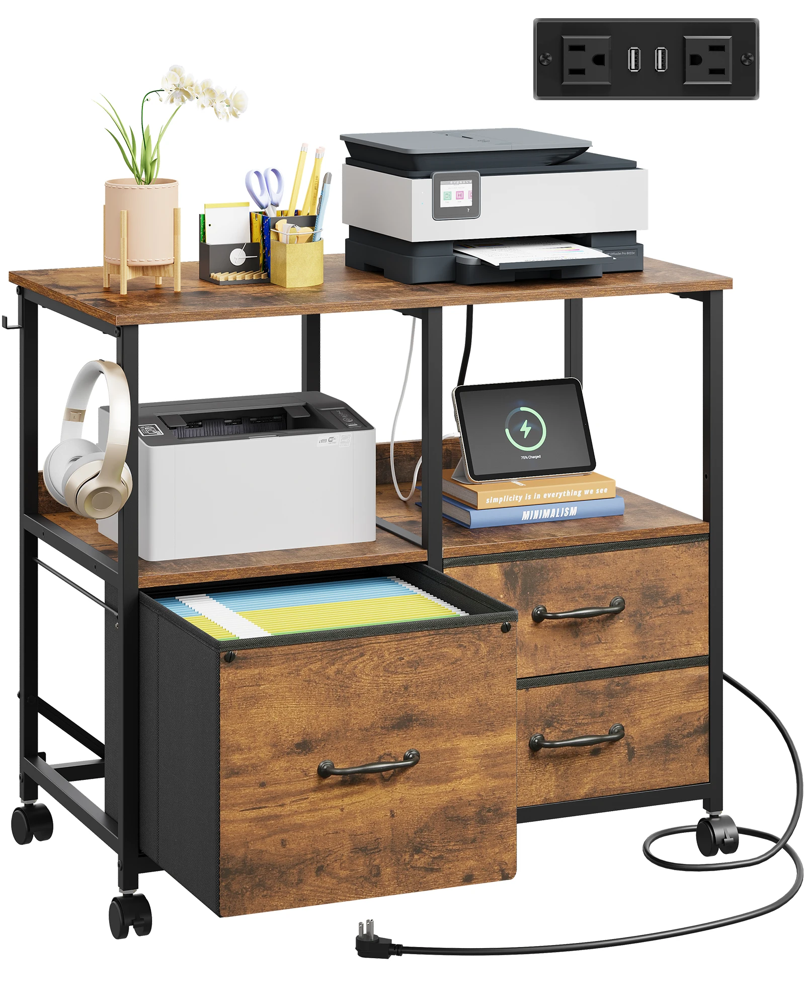 3 Drawer Mobile File Cabinet, Fabric Filing Cabinet, Rustic Brown Lateral Rolling Printer Stand with Charging Station & Storage Shelf, Fits A4 or Letter Size, Adjustable Shelf for Home Office