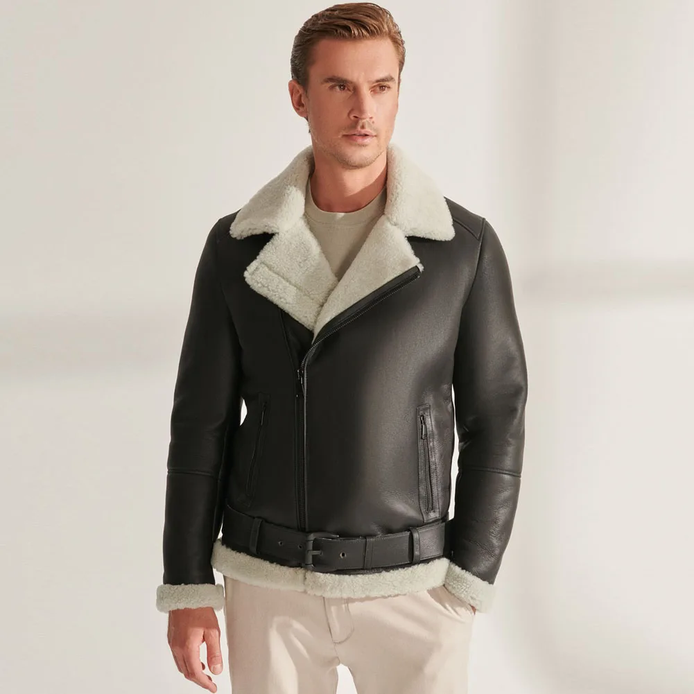 Denny&Dora Mens Shearling Jacket Leather Coat Black Fur Bomber Jacket Natural Sheepskin Shearling Jacket