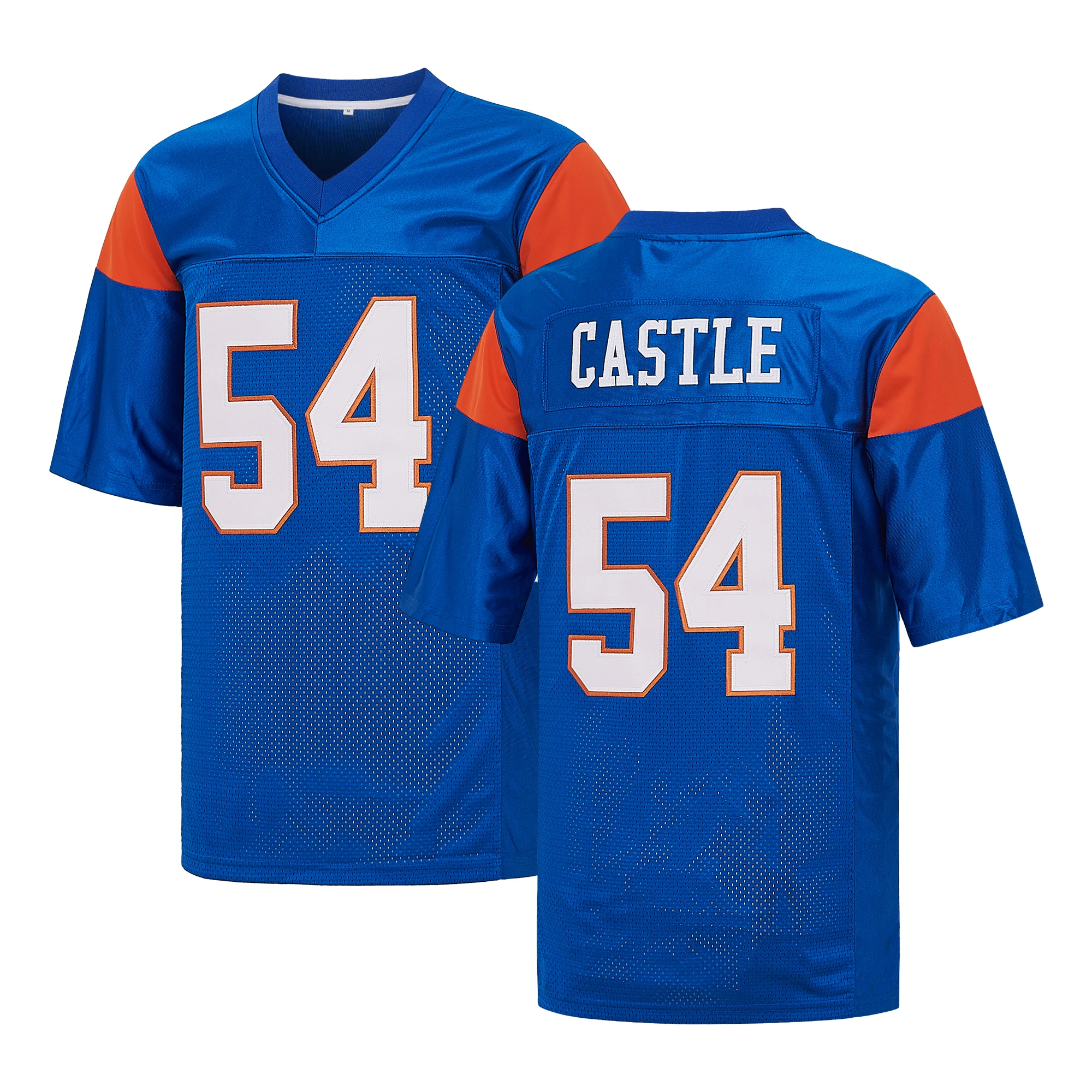 Men's Alex Moran #7 and Thad Castle #54 Blue Mountain State Castle Movie Football Jersey Top, Exquisite Embroidery Retro Football Uniform
