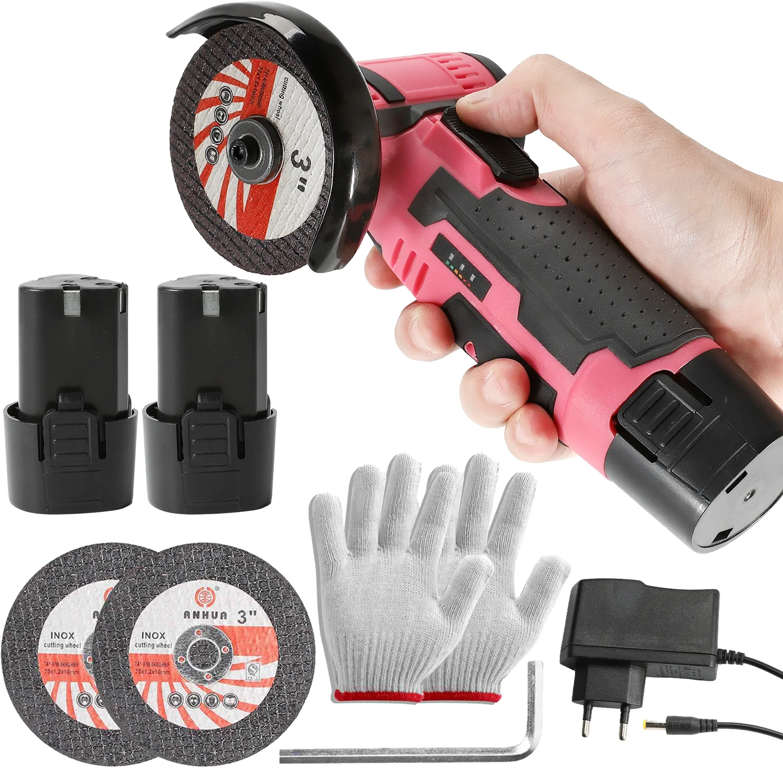 Mini Amoladora Angular Rosa de 12V, 19500 RPM con 2 Baterías y Disco de 3 Pulgadas, Herramienta Eléctrica Inalámbrica para Pulir y Cortar