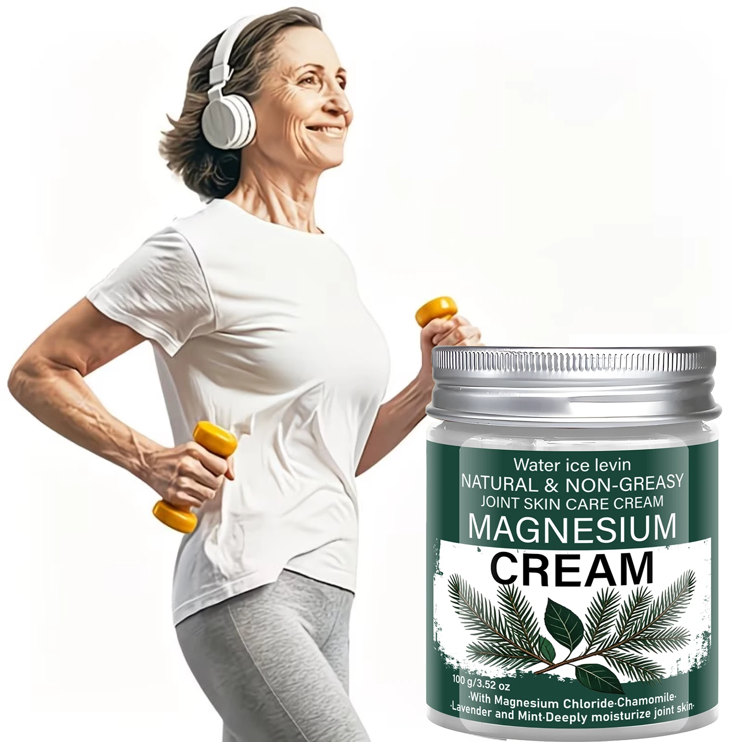 Water Ice Levin Magnesium Body Cream Non-Greasy Moisturizing Lotion With Chamomile Lavender Mint Nourishing Skin Care 100g