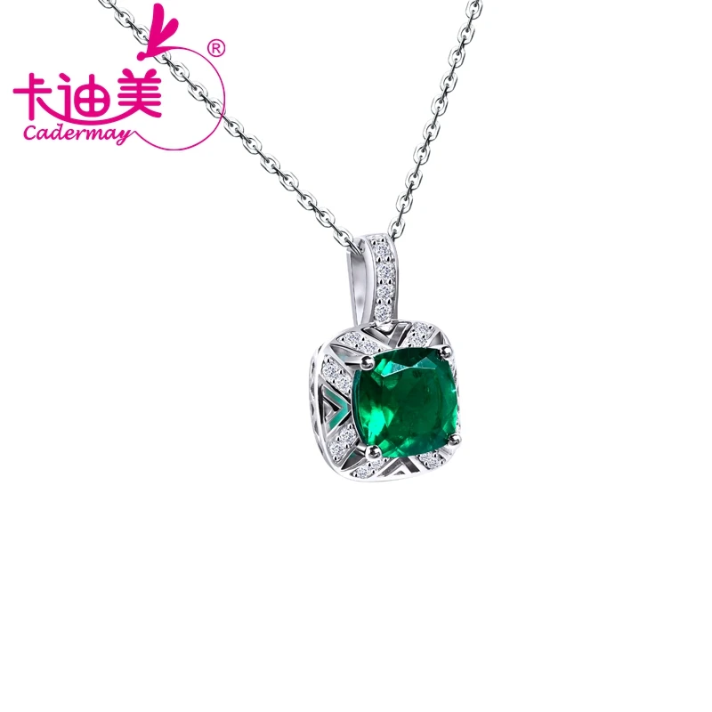 CADERMAY Fine Jewelry S925 Silver Lab Grown Cushion Shape Emerald Pendants Necklaces 9MM For Women Party Gifts