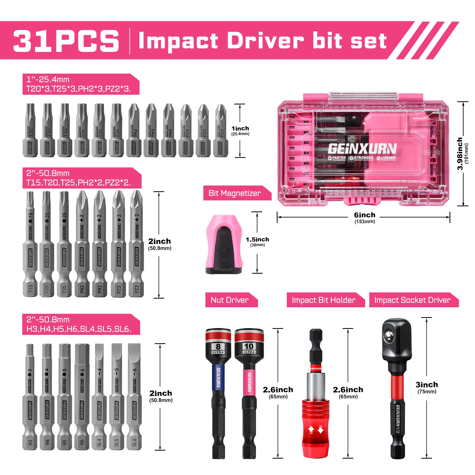 Geinxurn FIXEDGE 31PCS Impact Driver Bit Set – Pink (EU Version) with Demagnetizer, Nut Drivers & Quick Release Holder